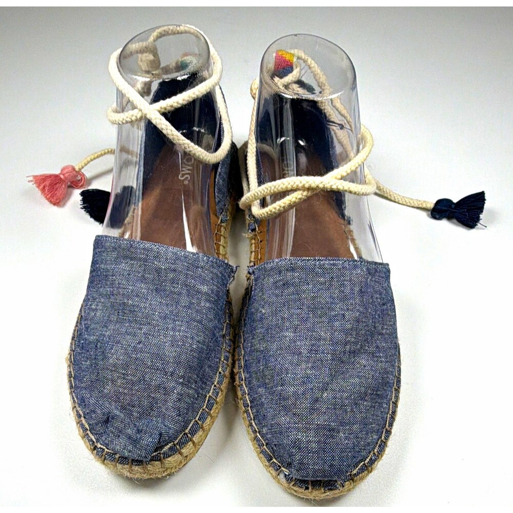 TOMS Women's Blue Denim Tassel Ankle Wrap Tie Espadrille Flats Round US 9.5